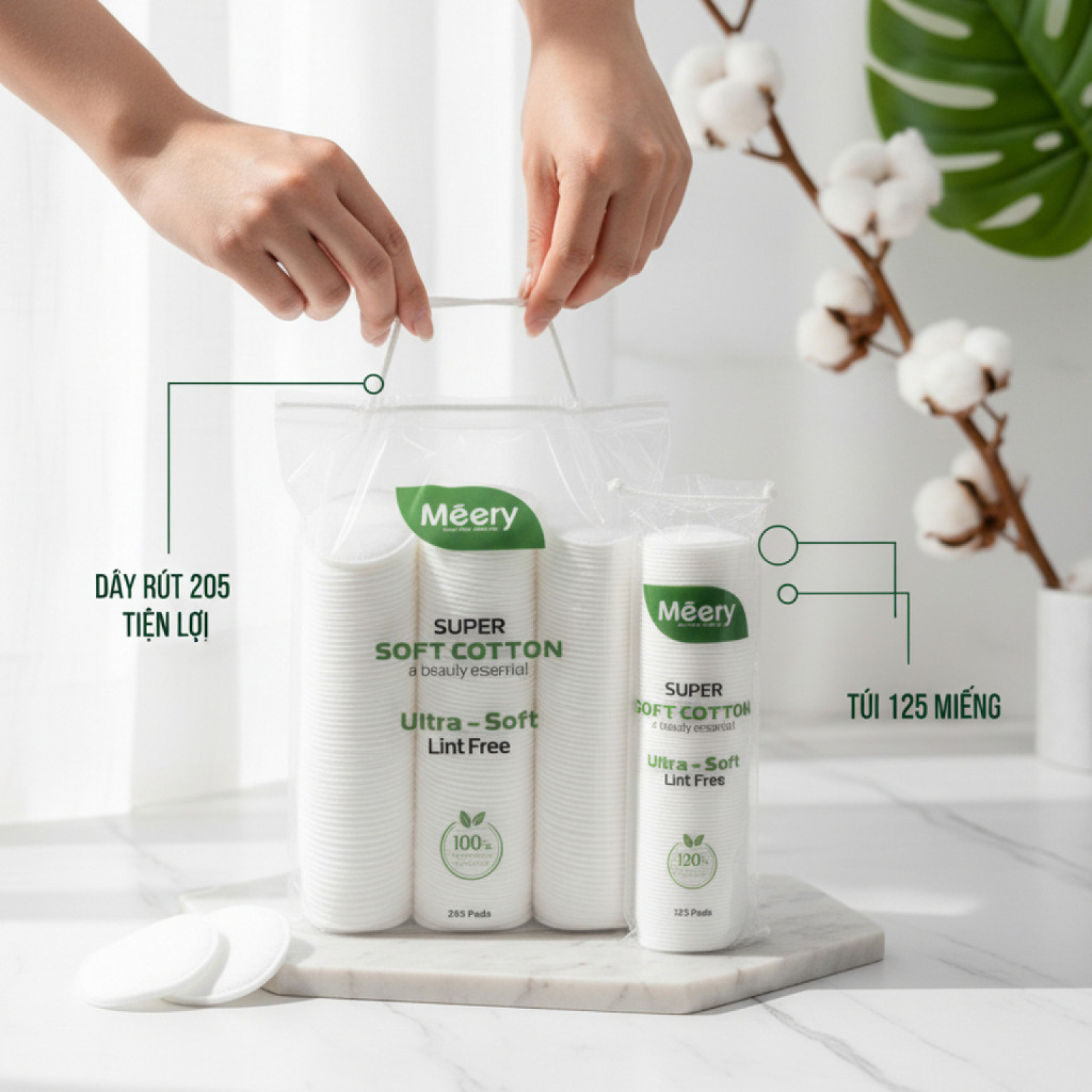 Bông Tẩy Trang Méery 125 Miếng Tròn 100% Cotton